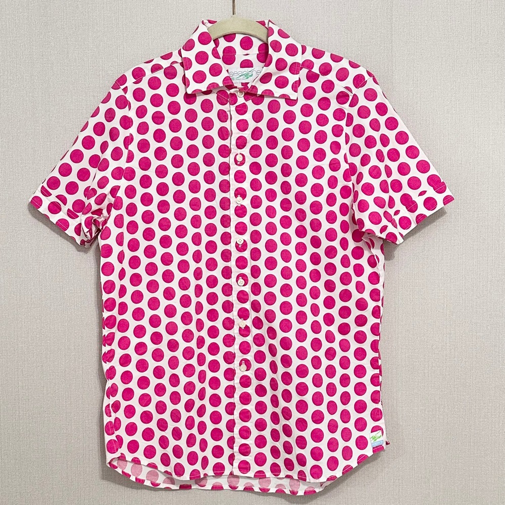 Seaplane Mens Med White Pink Polka Dot Short Sleeve Camp Button Down Shirt USA
